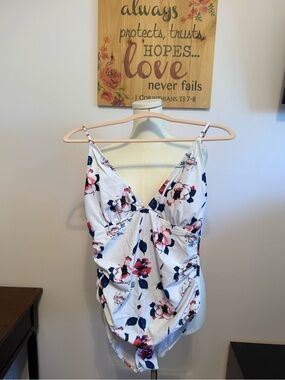 Floral V-Neck One-Piece Swimsuit in White with Navy & Pink
